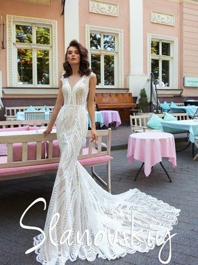 Свадебное платье 21015. Силуэт Рыбка. Цвет Белый / Молочный. Вид 1